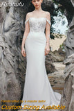 Runhufu Simple Off The Shoulder Mermaid Wedding Dress For Bride 2023 Lace Backless Detachable Sleeves Floral Print Bridal Gown