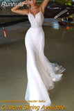 Runhufu Mermaid Wedding Dresses V Neck Spaghetti Straps Button Appliqued Beading Elegant Long Backless Illusion 2023 Bridal Gowns