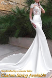 Runhufu High Neck Long Sleeve Mermaid Wedding Dress Satin 2023 Lace Appliques Bridal Gown With Bow Gorgeous Train Button Back