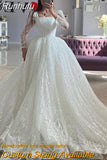 Runhufu Wedding Dress Embroidered Lace On Net With Ball Gown Train Elegant Boat Neck Full Sleeve bridal Gowns Button Robes De Ma