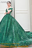 runhufu New Performance Quinceanera Dresses Off The Shoulder Green Dream Dress Prom Dress Big Train Bling Ball Gown Dresses