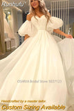 Runhufu Sweetheart Wedding Dresses Off the Shoulder Long Puff Sleeves Sweep Train Bridal Gowns Vestido Novia