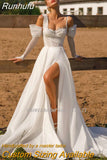 Runhufu Sweetheart Neckline A-Line Wedding Dresses Spaghetti Straps Long Sleeves Beach Bridal Gown Vestido Noiva