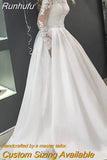 Runhufu O Neck Elegant Satin Wedding Dresses Long Sleeve Lace Appliques Sweep Train Vestidos De Novia Custom Made Bridal Gowns