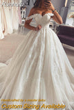 Runhufu Elegant A-Line Wedding Dresses Appliques Off The Shoulder Bridal Gowns Boho Beach Lace Tulle Wedding Prom Gowns Custom Size