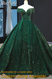 Runhufu New Performance Quinceanera Dresses Off The Shoulder Green Dream Dress Prom Dress Big Train Bling Ball Gown Dresses