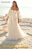 Runhufu Ivory Wedding Dresses 2023 Tulle Detachable Puff Sleeve Sweetheart A-Line Pleated Simple Bridal Gowns Sweep Train Vestido