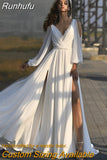 Runhufu V-Neck Beach Wedding Dress Lace Appliqued Hight Split Long Sleeves Satin Chiffon Bridal Gown Robe De Mariee