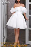Runhufu Mini Short Wedding Dresses for Women 2024 Bride A Line Wedding Gowns Off the Shoulder Ruffle Belt Sleeveless Bridal Dress