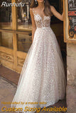 Runhufu Lace Wedding Dresses 2023 Women's Deep V Neck Beach Wedding Dresses Boho Floor Length Glamorous Plus Size Bridal Dresses