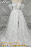 Runhufu High Split A Line Appliques Wedding Dress Lace Up Off Shoulder Real Photos Crisscross Rustic Maxi Bridal Gowns