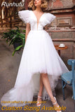 Runhufu Elegant Tulle High/Low Princess Wedding Dress 2023 V Neck Ruffles Backless A Line Party Bridal Gown Robe De Mariée