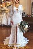 Runhufu Mermaid Wedding Dress V Neck Lace Morden Embroidery For Women 2023 Robe De Mariee Floor Length Bridal Gowns Court Train