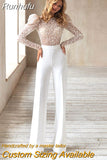 Runhufu Elegant Wedding Jumpsuit Sparkle Luxury Long Sleeves 3D Flowers Beadings Open Back Pants Suits For Bride Vestido De Novia