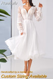 Runhufu Tea Length V-Neck Wedding Dress Lantern Long Sleeve Lace Illusion Button Back Boho Beach Short Bridal Gown For Women