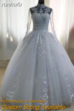 runhufu Illusion Sky Blue Quinceanera Dress Floor Length Sweet High Neck For Party Luxury Embroidery Ball Gown Prom Dress Plus Size