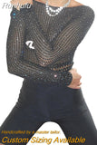 Runhufu Women’s Off Shoulder Bodysuit Shiny Rhinestone Long Sleeve Hollow Out Slim Fit Leotard Tops