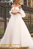 Runhufu A Line Organza Wedding Dresses with Detachable Flare Sleeves Sexy Pleated A Line Floor Length Bridal Gowns