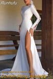 Runhufu White 2023 Mermaid Wedding Dresses Long Sleeve Side Slit Bridal Gowns Boho Beach Backless Wedding Prom Gowns Robes De Mariée