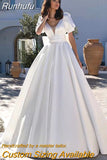 Runhufu Satin Wedding Dresses With Pockets 2023 Short Sleeves Puff Backless Bridal Dress For Women Robe De Mariee Customize