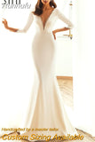 Runhufu Shiny Beading Neckline Wedding Dress 2023 Deep V-Neck Sexy Mermaid Bridal Gown Long Sleeves Simple Satin vestido de noiva