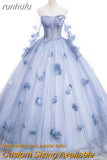 runhufu Maria Novia Blue Grey Quinceanera Dresses Long Sleeve Flower Long Sleeve Ball Gown Prom Dress Vestidos De 15 Anos