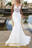 Runhufu Mermaid Wedding Dresses 2023 Sheer O-Neck Sleeveless Lace Appliques Sweep Train Chiffon Bridal Gown With Button Back