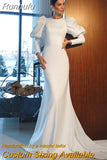 Runhufu O-Neck Satin Mermaid Wedding Dresses Puff Sleeve Sweep Train Bridal Gown Robe de mariée