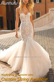 Runhufu Sweetheart Neck Mermaid Wedding Dresses Sleeveless Lace Appliques Sweep Train Bridal Gowns Vestidos De Noiva