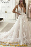 runhufu Line Backless Wedding Dresses V-neck Custom-made Court Train Appliques Sleeveless Robe De Mariée Engagement Plus Size