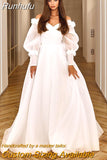 Runhufu Elegant A-Line Wedding Dresses White Puff Sleeve Appliques Bridal Gowns Boho Beach Tulle Evening Wedding Gowns Custom Size