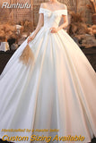 Runhufu Luxury Satin Wedding Dress With Court Train Elegant Boat Neck Princess Wedding Gown plus size custom made Vestido De Noiva