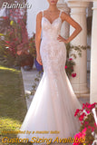 Runhufu Lace Appliques Mermaid Spaghetti Straps Wedding Dress Button Back Sweep Train Bridal Gown Vestido De Novia Custom Made