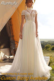 Runhufu Boho Lace Tulle High Neck Wedding Dress 2023 Cap Sleeves A-Line Bohemian Bridal Gown Vintage Elegant Robe De Mariée