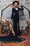 Runhufu Long Sleeves Black Mermaid Bridal Gowns V Neck Backless Tassels Custom Made Thigh Split Sexy Fringed Gothic Wedding Dress