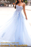 Runhufu Line Sky Blue Wedding Dresses Off Shoulder Sweetheart Beaded Lace Appliques High Split Tulle Boho Wedding Gowns