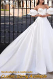 Runhufu Women's Bridal Dresses Satin Pleated Sexy Off Shoulder Bubble Sleeve Removable Princess Prom Wedding Welcome Guest Gowns