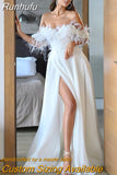 Runhufu Sweetheart Wedding Dress Feathers Off The Shoulder A-Line Beach Split Bride Gown Backless Zipper Train Vestido De Noiva