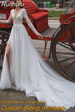 Runhufu Aviana A-Line Tulle Wedding Dress Charming V-Neck Long Sleeves Court Train Bridal Gown Vestido De Novia Custom Made