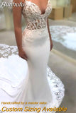 Runhufu Sexy Backless Mermaid Wedding Dresses Sweetheart See Through Lace Bridal Gown Cathedral Bridal Dress suknia ślubna