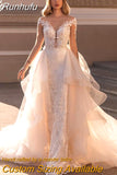 Runhufu Detachable 2 In 1 Wedding Dress Embroidered Lace On Net With Train V-neck Sleeveless Vintage Bride Gowns Vestido De Novia