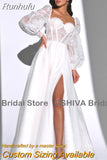 Runhufu Wedding Dresses Chic A Line Lace Puff Long Sleeve Long High Slit White Bridal Gown For Women Formal