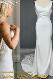 Runhufu Crepe Backless Minimalist Wedding Dress Drop Ship Simple Custom Made Drape Trailing Brush Train Cowl Neck Bridal Gowns