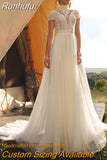 Runhufu Boho Lace Tulle High Neck Wedding Dress 2023 Cap Sleeves A-Line Bohemian Bridal Gown Vintage Elegant Robe De Mariée