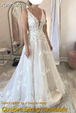runhufu A line Wedding Dresses V-neck Custom-Made Court Train Appliques Sleeveless Bridal Gown Robe De Mariée