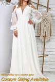 Runhufu Bridal Boho Bohemian White Chiffon Wedding Dress A Line Lace Full Sleeve Long Floor Length Bridal Gowns Low Back Robe De