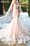 Runhufu Pink Boho Wedding Dress Mermaid Lace Appliques Sexy Backless Bride Gowns Short Sleeve Tulle Sweep Train Robe de mariée