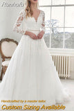 Runhufu NICEB Long Sleeve Appliques Wedding Dress For Women V Neck Lace robe de mariée bohème Bride Tulle Train Custom Made