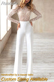 Runhufu Elegant Wedding Jumpsuit Sparkle Luxury Long Sleeves 3D Flowers Beadings Open Back Pants Suits For Bride Vestido De Novia