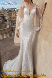 Runhufu Flare Sleeves V-Neck Wedding Dress For Bride 2023 Sexy Lace Appliques Bride Gown Illusion Button Vestidos De Noiva